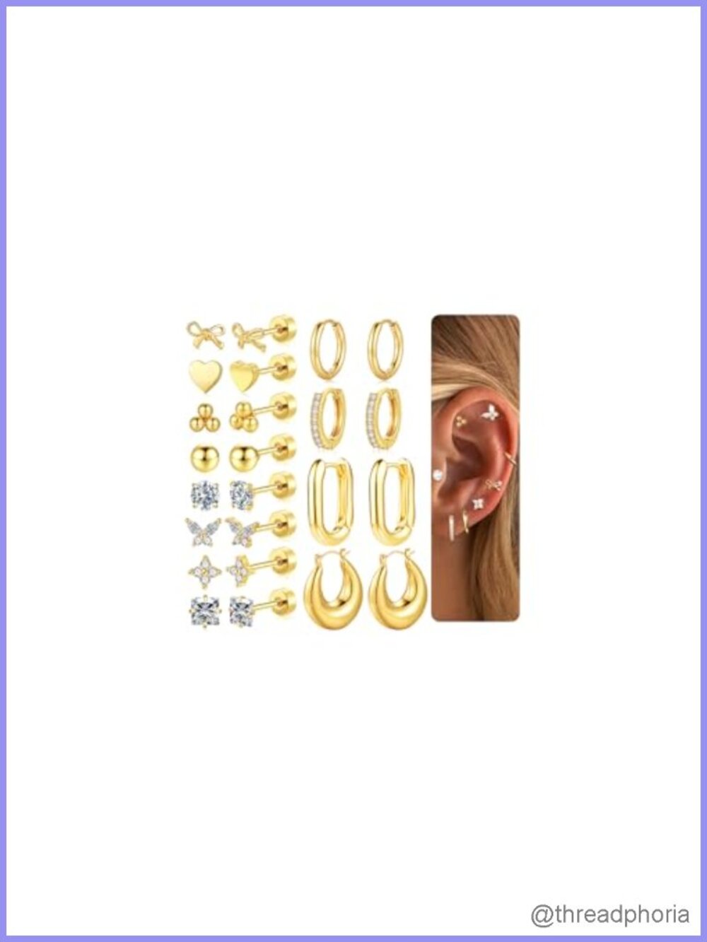 14K Gold Plated Flat Back Stud & Hoop Earrings Set Hypoallergenic Stainless